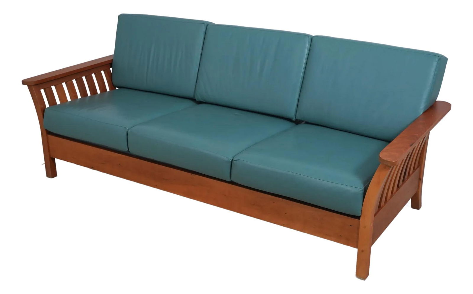 Vermont Studio Craftsman Cherry Sofa with Leather Cushions: Vermont Studio Craftsman Cherry Sofa with Leather Cushions This exquisite Vermont Studio Craftsman sofa showcases a modern design and is approximately 20 years old. It features high-quality leather cu