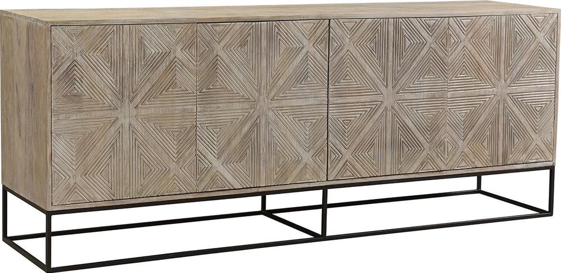 Elegant Kenton Mango Wood Sideboard French Style Sealed Finish: Elegant Kenton Mango Wood Sideboard French Style Sealed Finish This exquisite sideboard, crafted from mango wood with a metal base, showcases a beautiful French style. It features a light warm wash se