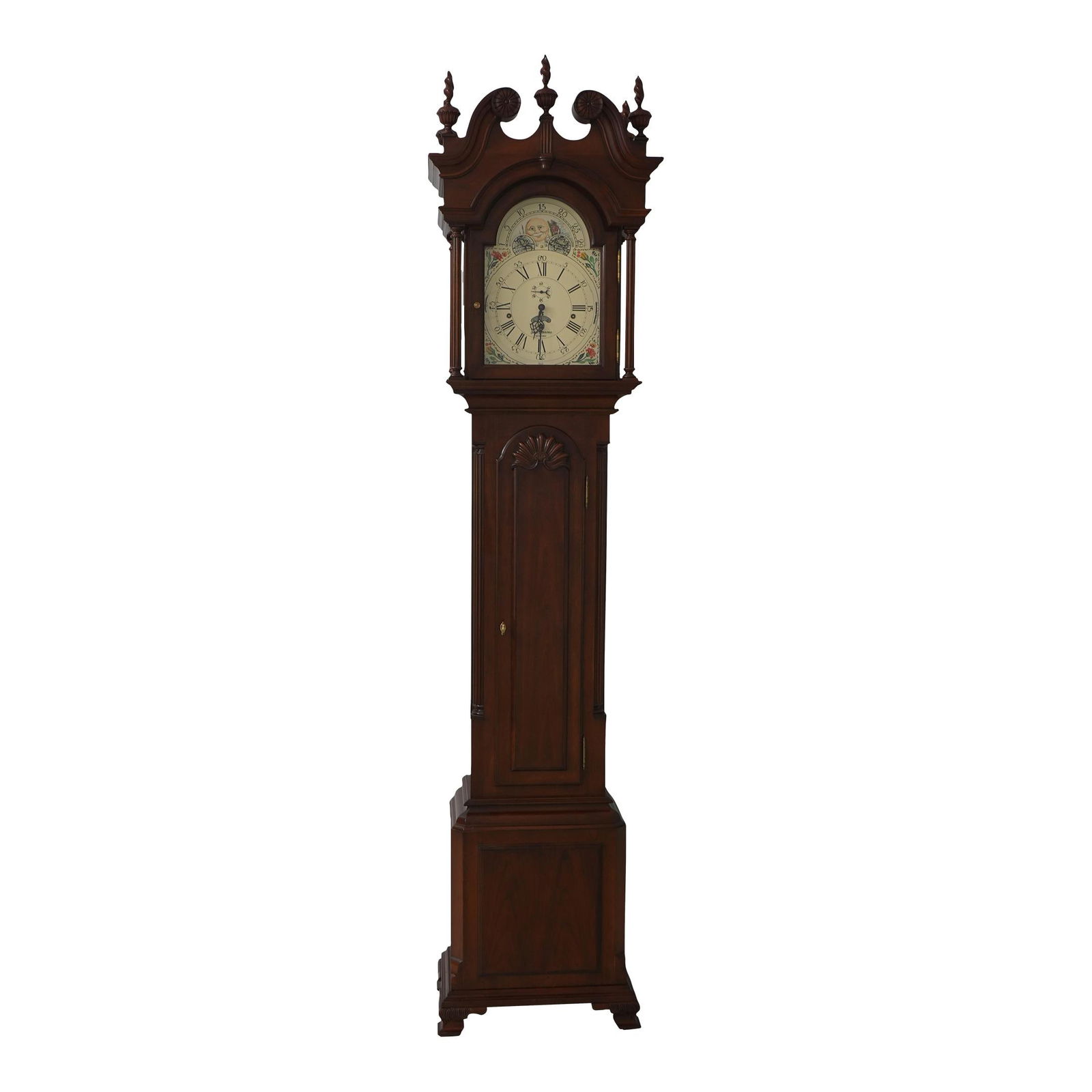 Sligh John Goddard Cherry Newport Grandfather Clock Chippendale Design: Sligh John Goddard Cherry Newport Grandfather Clock Chippendale Design This exquisite Sligh John Goddard Cherry Newport Grandfather Clock features a solid cherry case with a beveled glass top door, sh