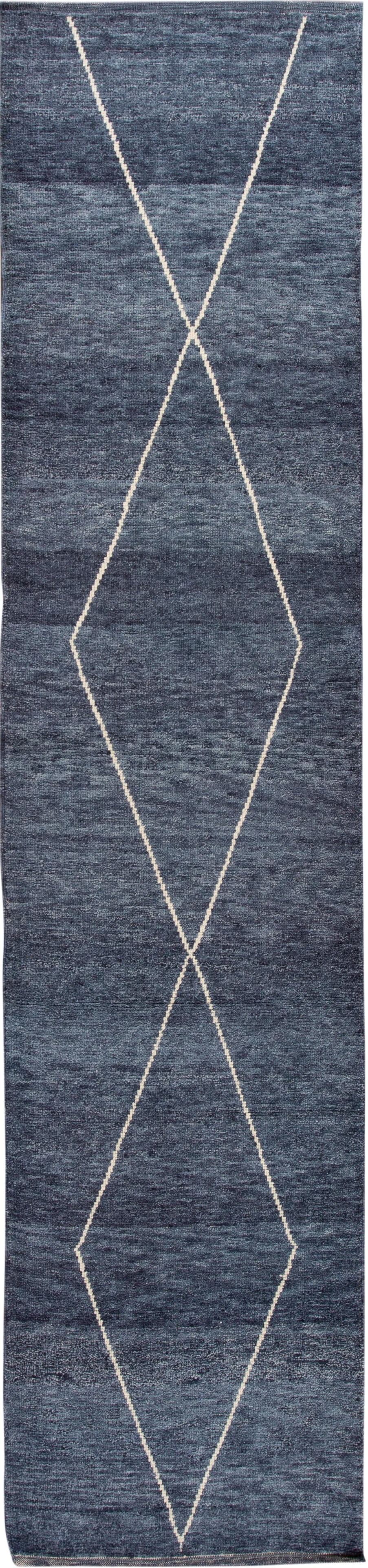 Contemporary Moroccan Wool Runner Rug 3'2" x 14' Blue Ivory Tribal Design: Contemporary Moroccan Wool Runner Rug 3'2" x 14' Blue Ivory Tribal Design Enhance your space with this exquisite contemporary Moroccan style runner rug. Hand-knotted from high-quality wool, it feature