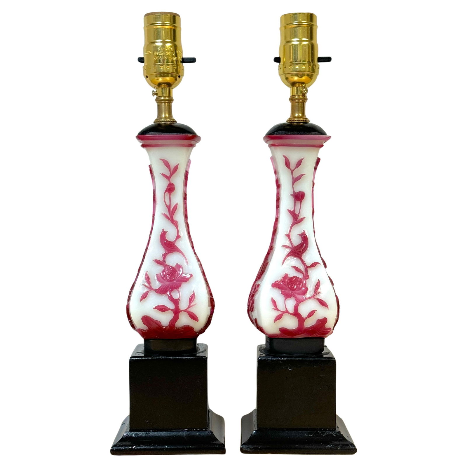 Elegant Pair of Chinese Peking Glass Vases Converted to Lamps: Elegant Pair of Chinese Peking Glass Vases Converted to Lamps This exquisite pair of Chinese red and white Peking glass vases has been skillfully converted into lamps, marrying traditional artistry wi