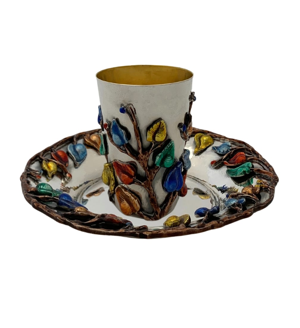 Handmade Italian 925 Sterling Silver Enamel Leaf Applique Cup and Tray: Handmade Italian 925 Sterling Silver Enamel Leaf Applique Cup and Tray This exquisite cup and tray set is crafted from fine Italian 925 sterling silver, showcasing a beautiful hammered and shiny finis
