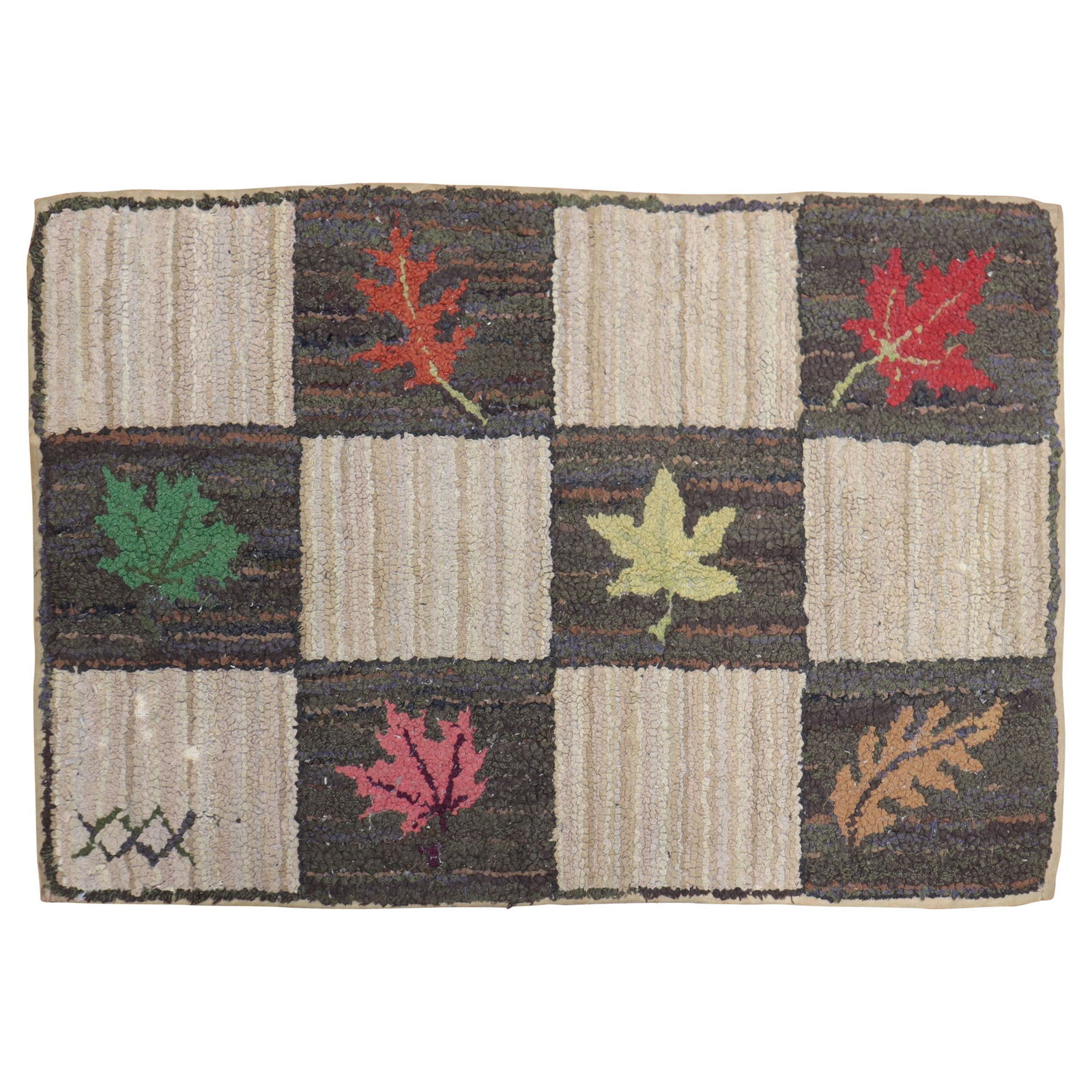 Mid-20th Century American Handmade Floral Hooked Rug 24 x 35 Inch: Mid-20th Century American Handmade Floral Hooked Rug 24 x 35 Inch This exquisite American hooked floral rug showcases a beautiful assortment of leaves set against a repetitive box pattern on a soft gr