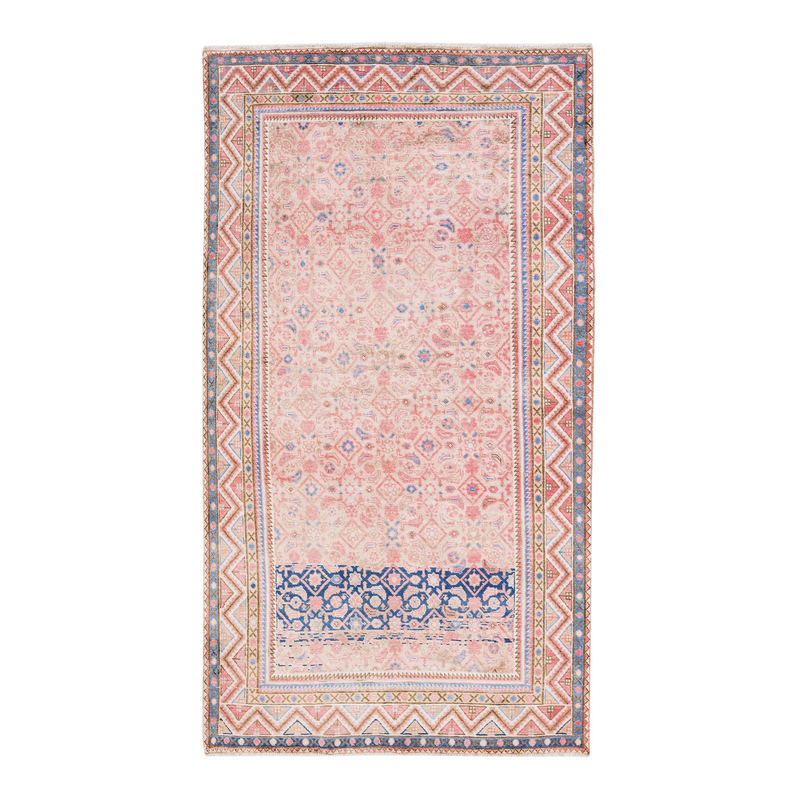 Vintage Persian Heriz Handmade Pink Wool Rug 5' x 9'5: Vintage Persian Heriz Handmade Pink Wool Rug 5' x 9'5 This stunning vintage Persian Heriz rug showcases a hand-knotted design with a beautiful pink field, complemented by a beige frame and vibrant mul