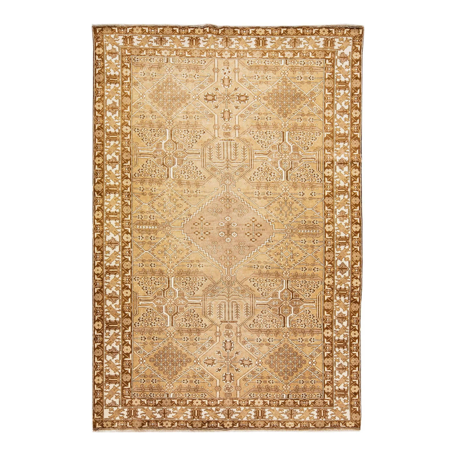 Vintage Persian Joshegan Handmade Beige Wool Rug 6'6 x 9'9 Geometric Design: Vintage Persian Joshegan Handmade Beige Wool Rug 6'6 x 9'9 Geometric Design This exquisite vintage Persian Joshegan rug showcases a stunning hand-knotted wool construction, featuring a soft beige fiel