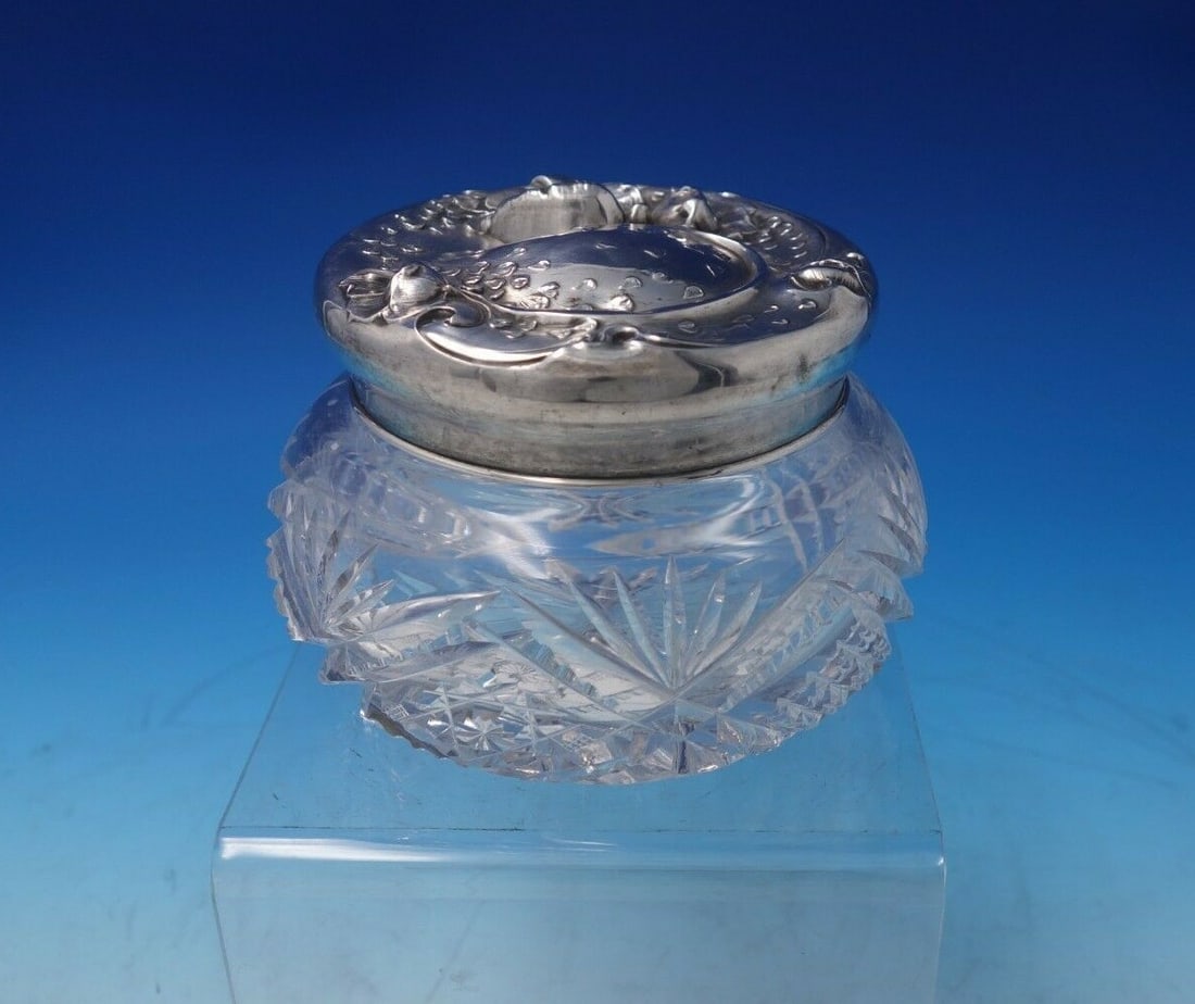 Unger Floral Sterling Silver and Cut Crystal Powder Jar 3 1/4" Tall (1 of 9)
