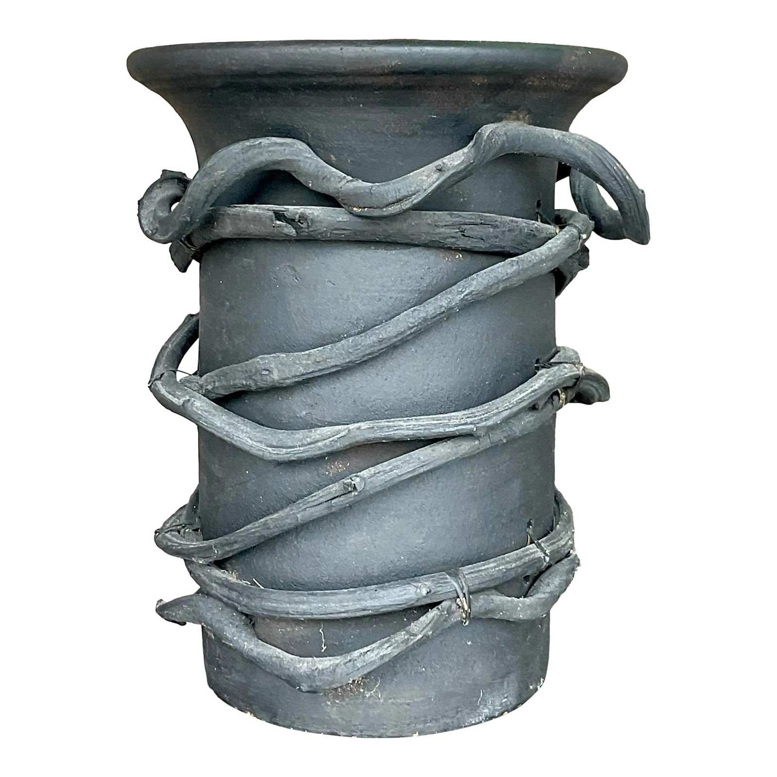 Vintage Boho Studio Pottery Vase Wrapped in Grape Vine: Vintage Boho Studio Pottery Vase Wrapped in Grape Vine This stunning vintage Boho vase is a unique piece crafted from studio pottery, featuring a striking design with a heavy grape vine wrap. The vase