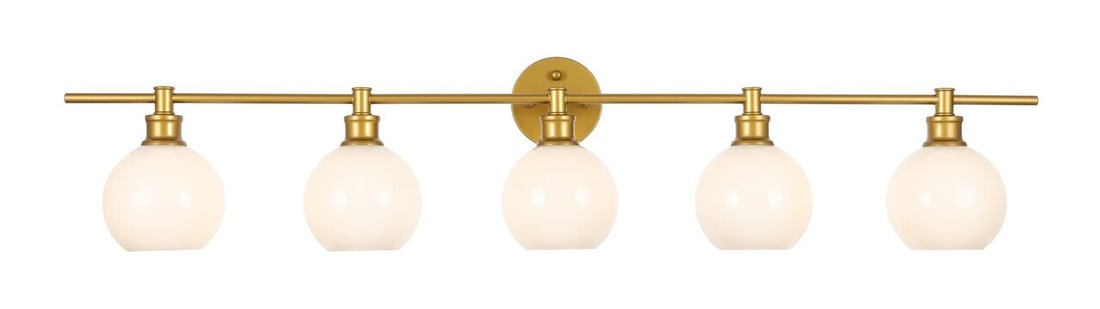 Collier Modern 5-Light Brass and Frosted Glass 47 Inch Wall Sconce Fixture: Collier Modern 5-Light Brass and Frosted Glass 47 Inch Wall Sconce Fixture This modern wall sconce features five brass color metal arms with round frosted white glass shades, offering a stylish lighti