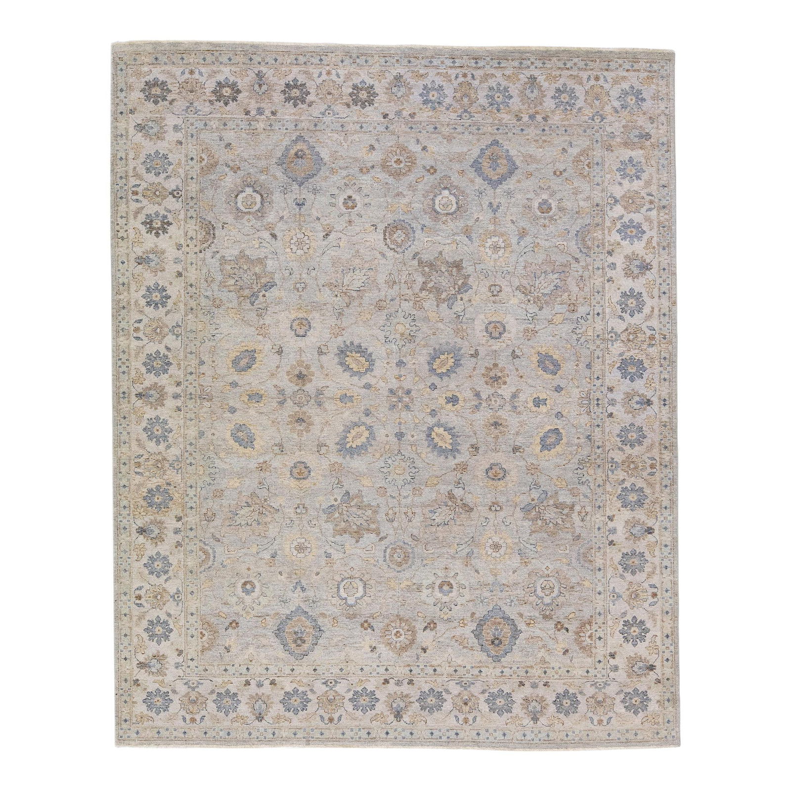 Handmade Gray Floral Wool Rug 8' x 9'11": Handmade Gray Floral Wool Rug 8' x 9'11" Transform your space with this exquisite handmade Indian wool rug, meticulously crafted. This elegant rug features a stunning all-over floral design set agains