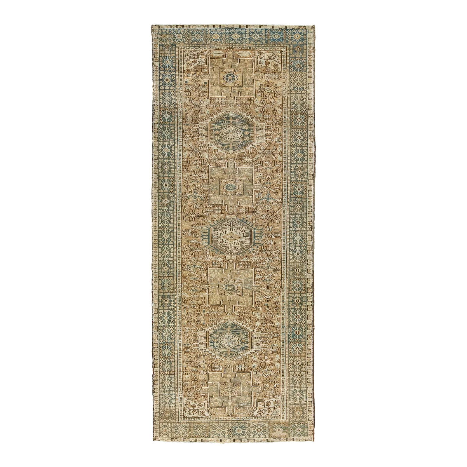 Antique Heriz Handmade Wool Runner with Geometric Design: Antique Heriz Handmade Wool Runner with Geometric Design Discover this exquisite 20th-century Heriz hand-knotted wool runner, featuring a rich brown field adorned with stunning blue and beige accents.