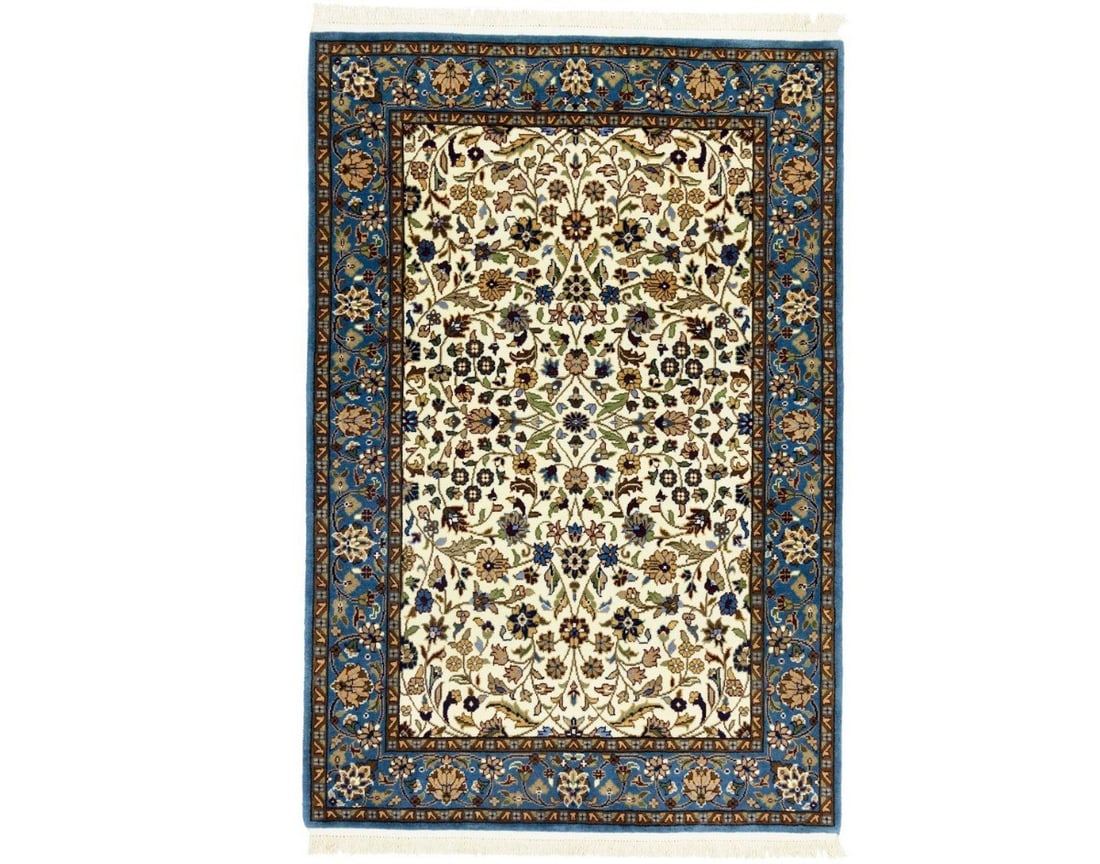 Handmade Kirman Wool Rug Cream Blue Floral Design 4'0 x 5'11 Modern Decor: Handmade Kirman Wool Rug Cream Blue Floral Design 4'0 x 5'11 Modern Decor Enhance your space with this exquisite Handmade Kirman Oriental Rug featuring a stunning cream and blue floral design. Crafted