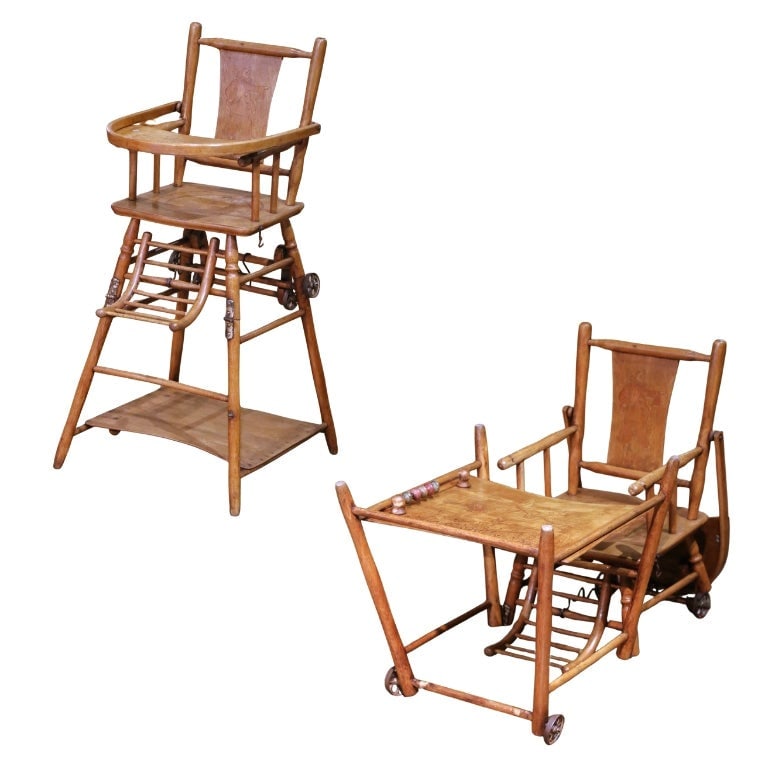 French Louis Philippe Metamorphic Walnut High Chair with Engraved Animal Motifs: French Louis Philippe Metamorphic Walnut High Chair with Engraved Animal Motifs This rare French metamorphic high chair from the mid-19th century exemplifies the Louis Philippe style, crafted circa 18