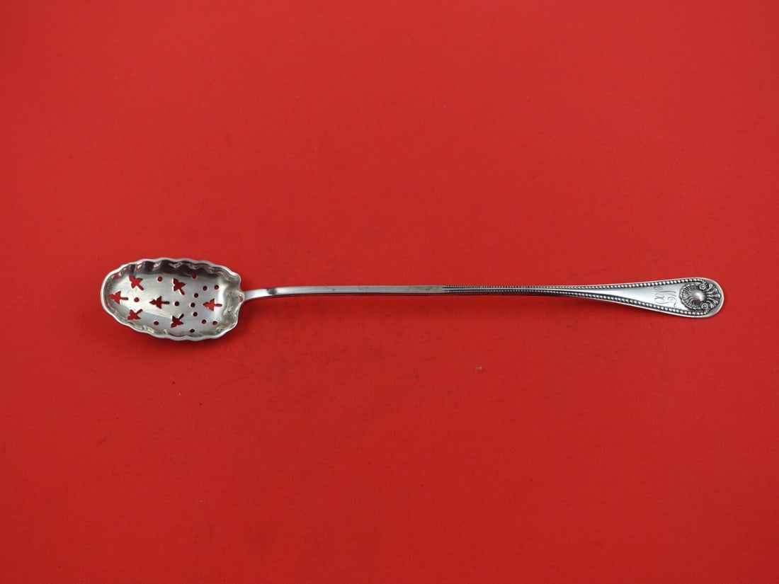 Whiting Sterling Silver Bead Pattern Olive Spoon 9 Inch Antique: Whiting Sterling Silver Bead Pattern Olive Spoon 9 Inch Antique This exquisite olive spoon, crafted by Whiting in the Bead pattern, showcases the elegance of sterling silver. Measuring 9 inches in len