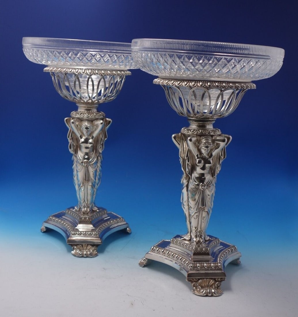 Art Nouveau French Silverplate Cut Crystal Centerpiece Pair 15" Tall: Art Nouveau French Silverplate Cut Crystal Centerpiece Pair 15" Tall This exquisite pair of French silverplate centerpieces features stunning cut crystal bowls, elegantly adorned with Art Nouveau fema