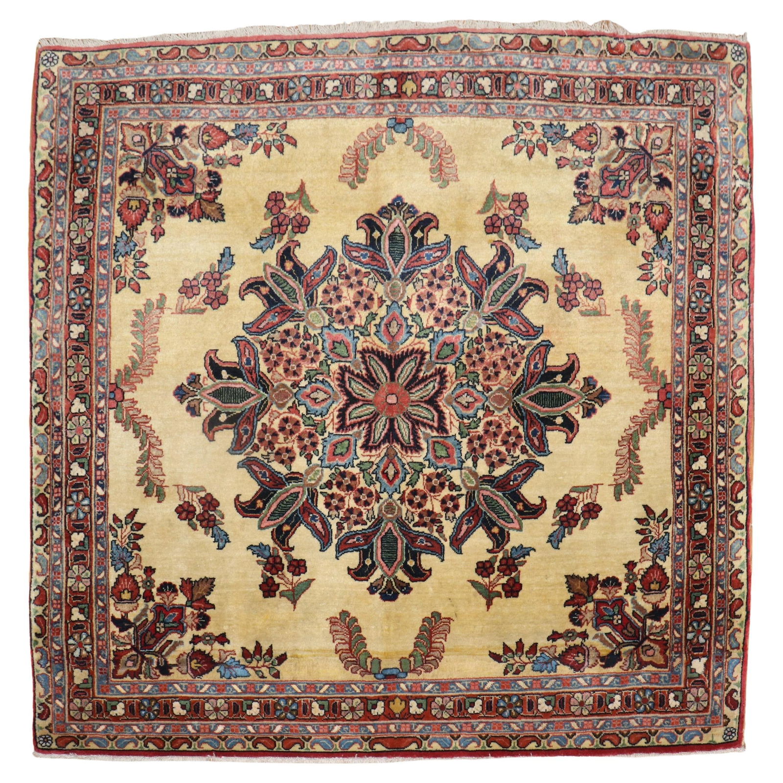 Zabihi Collection Antique Square Sarouk Rug Yellow Ground Wool 1910: Zabihi Collection Antique Square Sarouk Rug Yellow Ground Wool 1910 Explore this exquisite Zabihi Collection Ornate Square Sarouk Rug, featuring a vibrant yellow ground and a traditional formal design