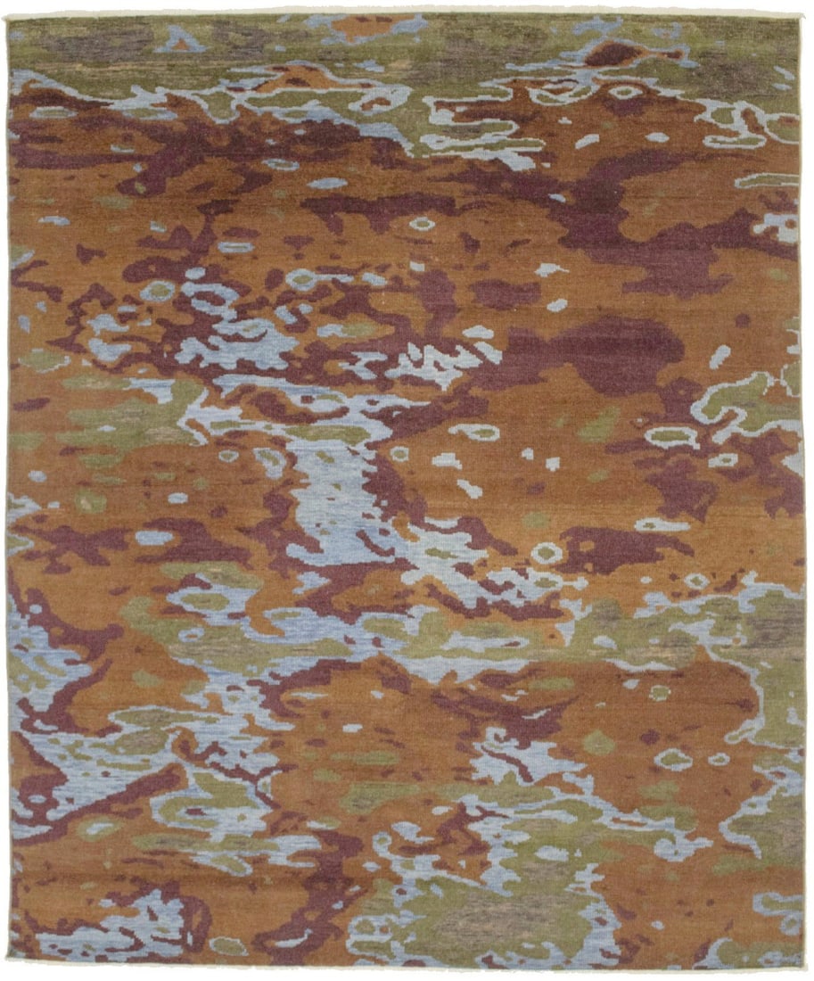 8'1 x 9'9 Wool Modern Abstract Hand-Knotted Multicolored Area Rug: 8'1 x 9'9 Wool Modern Abstract Hand-Knotted Multicolored Area Rug This is a hand-knotted multicolored area rug featuring an abstract contemporary design. Crafted from wool, it is suitable for various