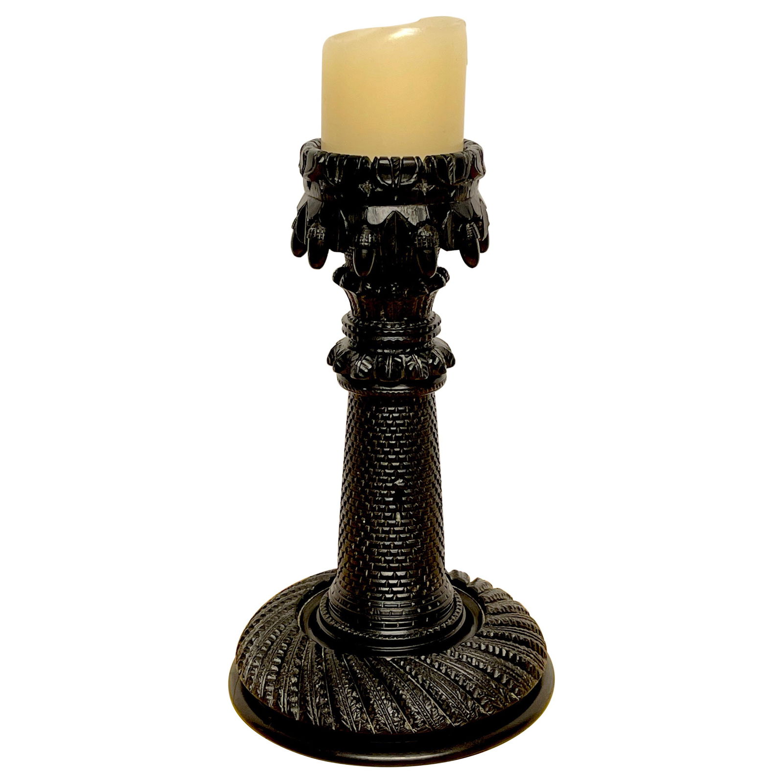 19th Century Irish Hand-Carved Bog Wood Castle Motif Candlestick: 19th Century Irish Hand-Carved Bog Wood Castle Motif Candlestick This exceptional 19th century Irish candlestick features a beautifully carved castle motif, showcasing the intricate craftsmanship of t