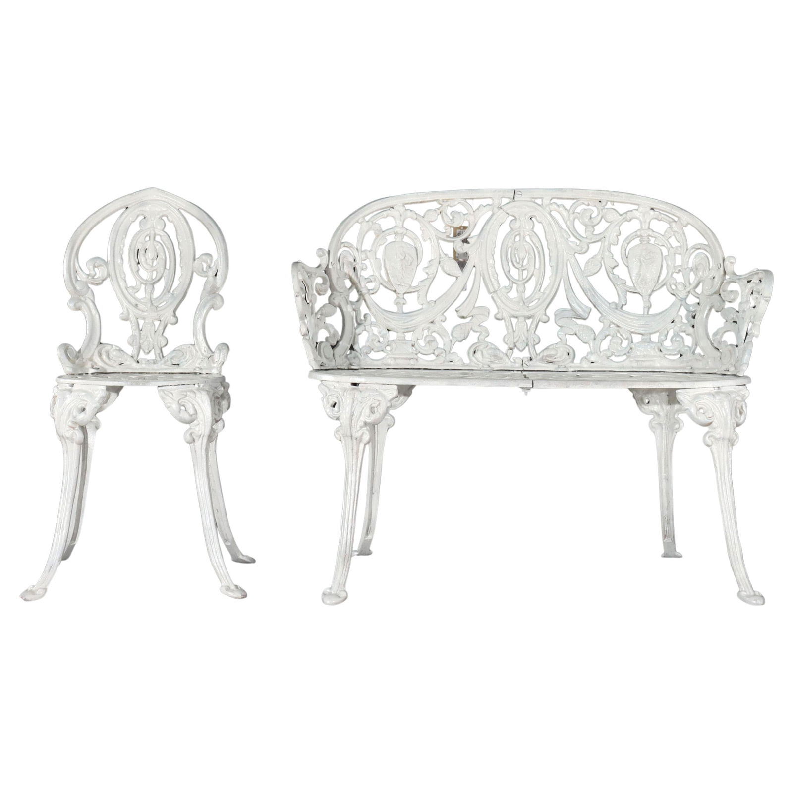 Antique Cameo White Painted Cast Iron Garden Set Settee & Chair c1900: Antique Cameo White Painted Cast Iron Garden Set Settee & Chair c1900 This exquisite Antique Cameo White Painted Cast Iron Garden Set, dating back to circa 1900, includes a beautifully crafted settee