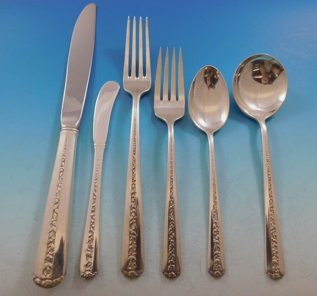 Towle Rambler Rose Sterling Silver Flatware Set for 12 72 Pcs with Storage Chest: Towle Rambler Rose Sterling Silver Flatware Set for 12 72 Pcs with Storage Chest This exquisite Rambler Rose flatware set by Towle is a stunning addition to your dining experience, featuring a beautif