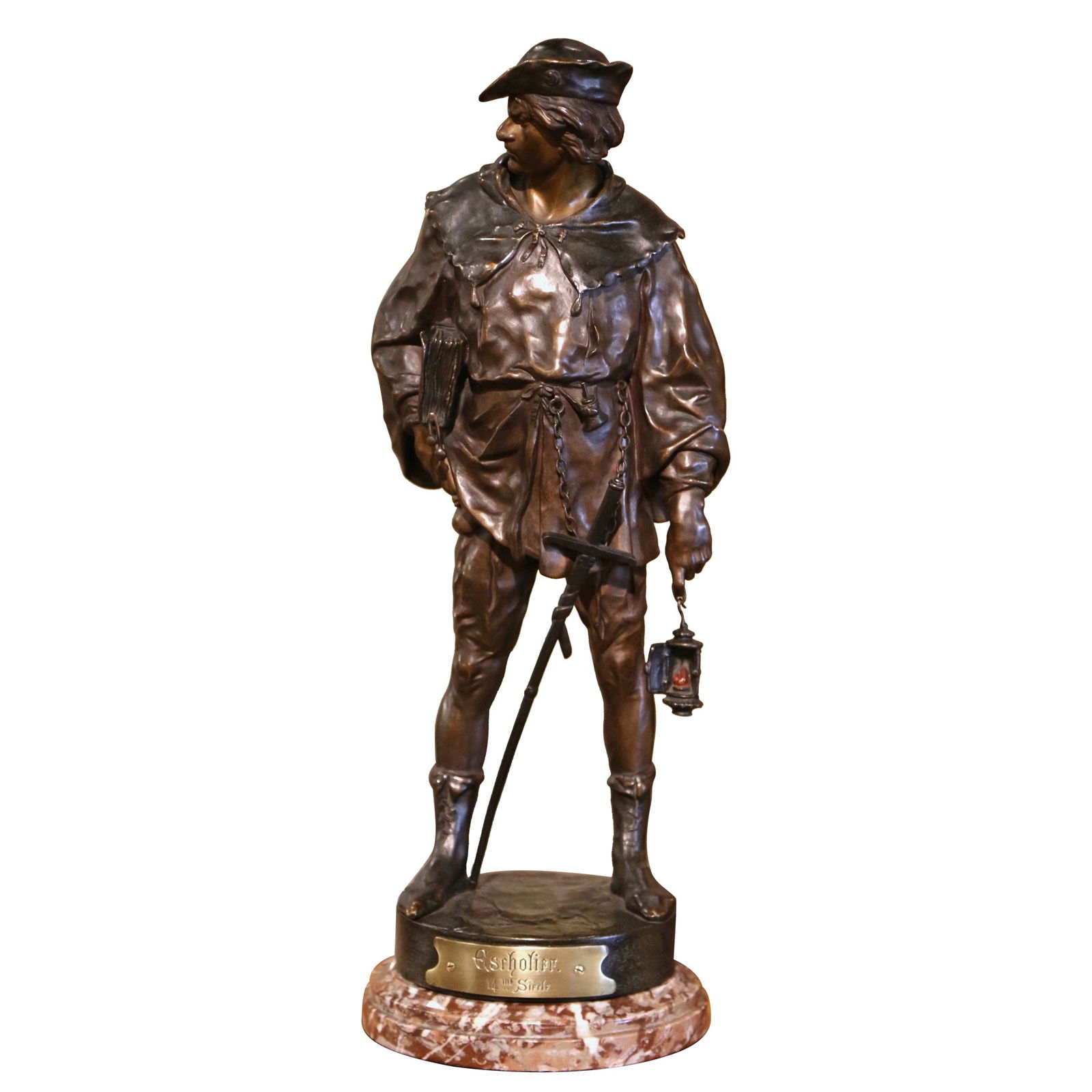 19th Century E. Picault Bronze Sculpture Escholier on Marble Base: 19th Century E. Picault Bronze Sculpture Escholier on Marble Base This exquisite late 19th century bronze sculpture titled "Escholier" captures a medieval figure standing tall, holding a lantern, a bo