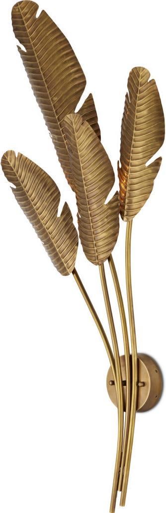 Currey Brass Tropical Wall Sconce 4 Bulb Candelabra: Currey Brass Tropical Wall Sconce 4 Bulb Candelabra Illuminate your space with this Elegant Tropical Wall Sconce, designed in a vintage style with a luxurious vintage brass finish. This stunning multi