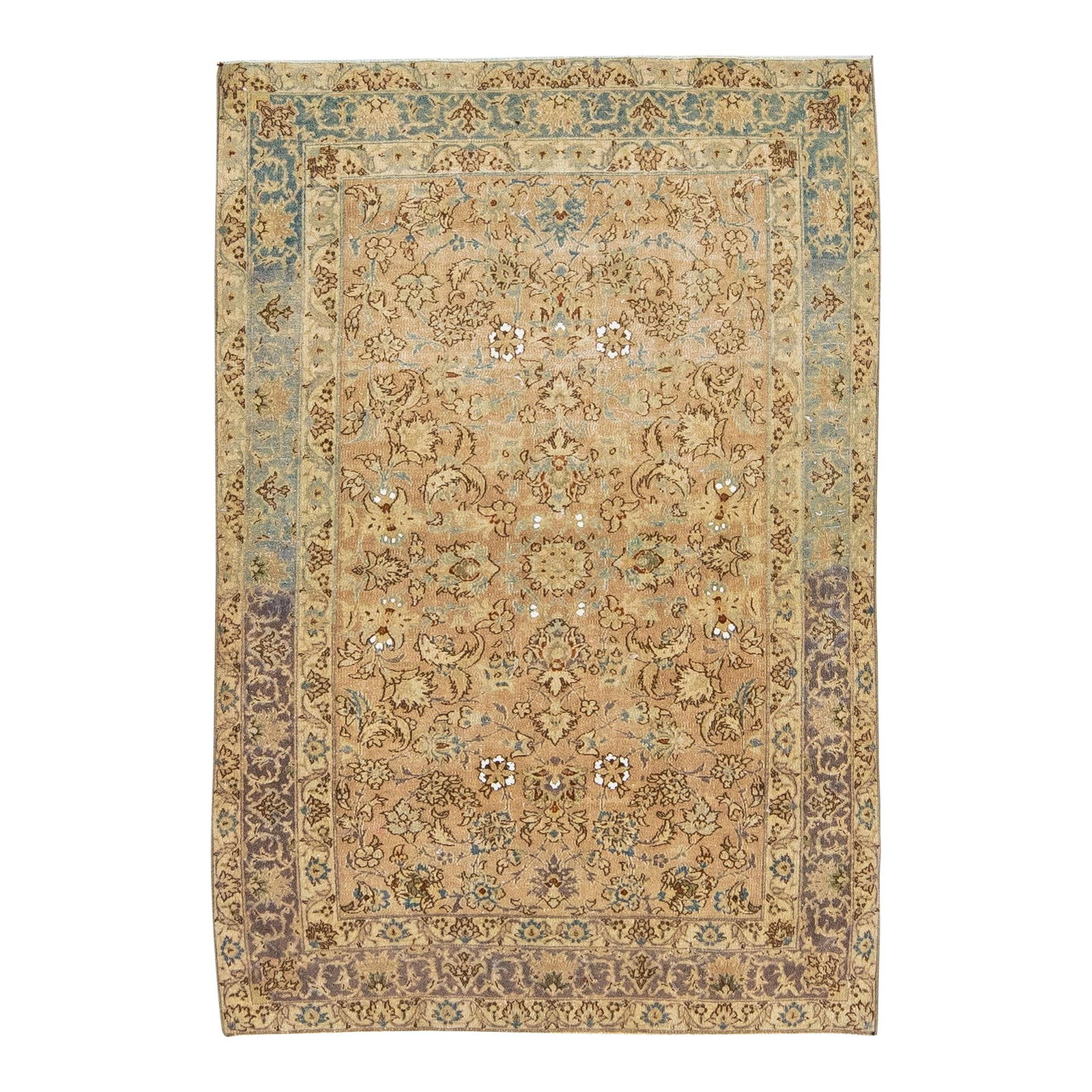 Antique Kirman Wool Rug Tan Floral Design 3' x 4'9: Antique Kirman Wool Rug Tan Floral Design 3' x 4'9 This exquisite Handmade Tan Antique Persian Kirman Wool Rug features a stunning all-over floral motif on a beige color field. The design is elegantly