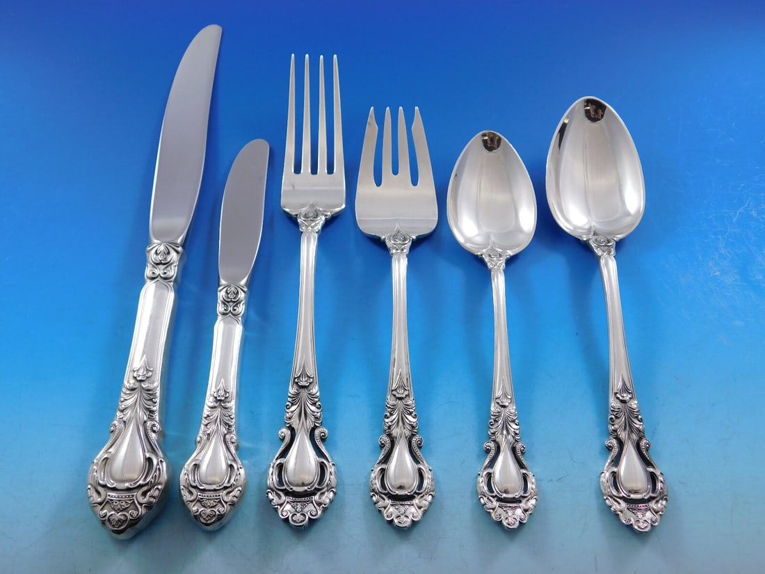 Stieff Royal Dynasty Sterling Silver Flatware Set 72 pcs for 12 with Storage Chest: Stieff Royal Dynasty Sterling Silver Flatware Set 72 pcs for 12 with Storage Chest Elevate your dining experience with the Royal Dynasty by Stieff Sterling Silver Flatware Set, designed for 12 people