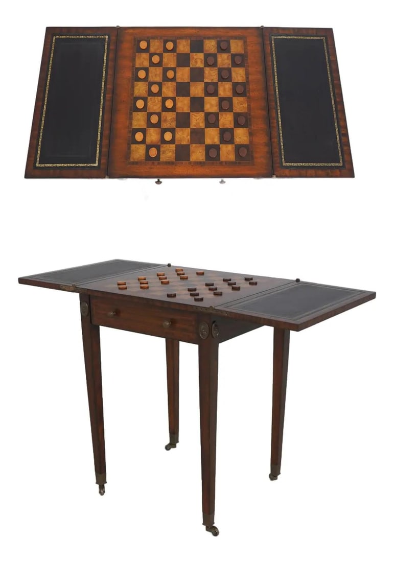 Mahogany Flip-Top Game Table with Leather Inlay and Two Drawers: Mahogany Flip-Top Game Table with Leather Inlay and Two Drawers This two-drawer flip-top game table features quality mahogany construction with a factory-distressed finish, traditional style, and fine