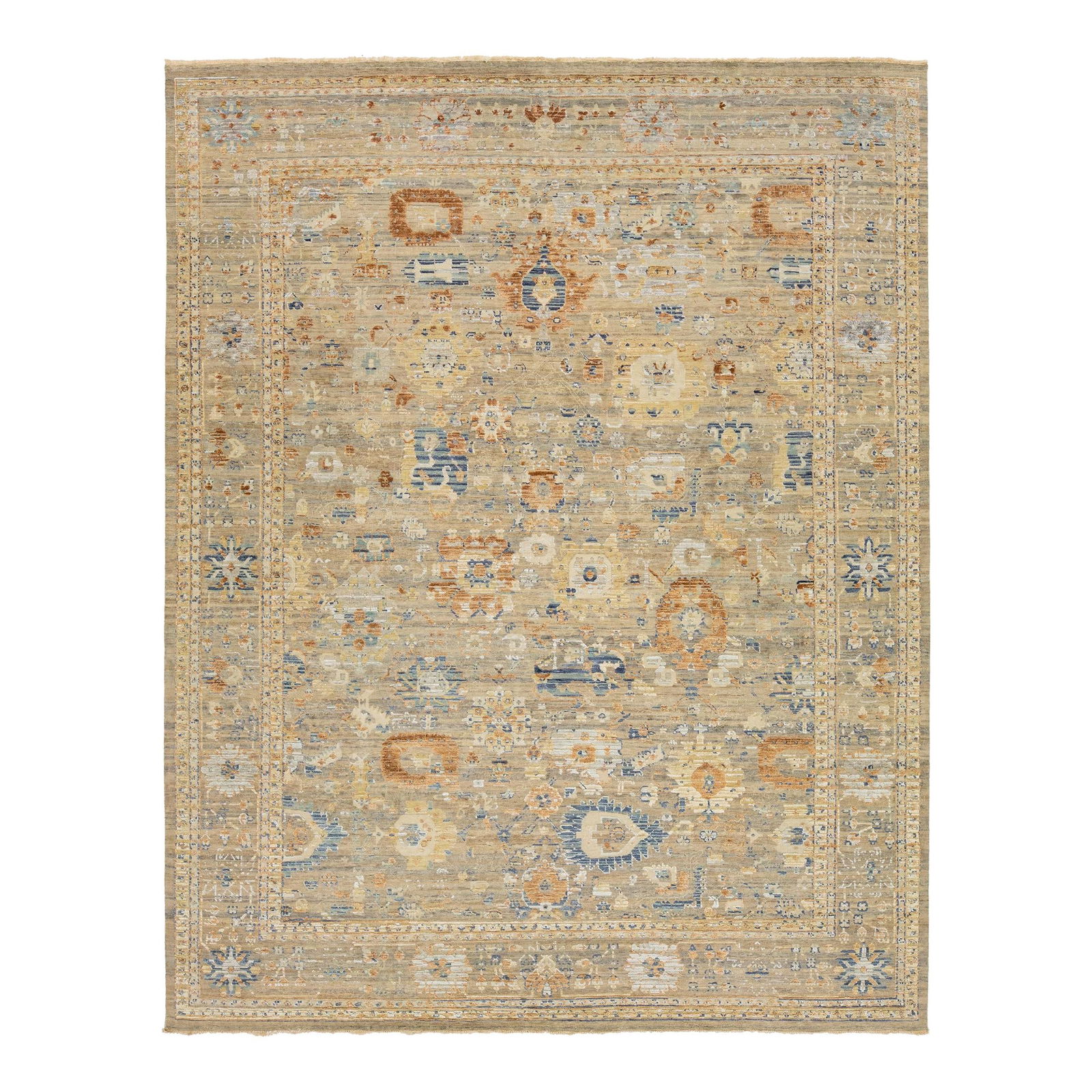 Handmade Artisan Collection Beige Wool Rug 11'11 x 15'1: Handmade Artisan Collection Beige Wool Rug 11'11 x 15'1 Transform your space with this exquisite Modern Handmade Artisan Collection Indian Wool & Silk Rug. This unique piece features a stunning all-ov
