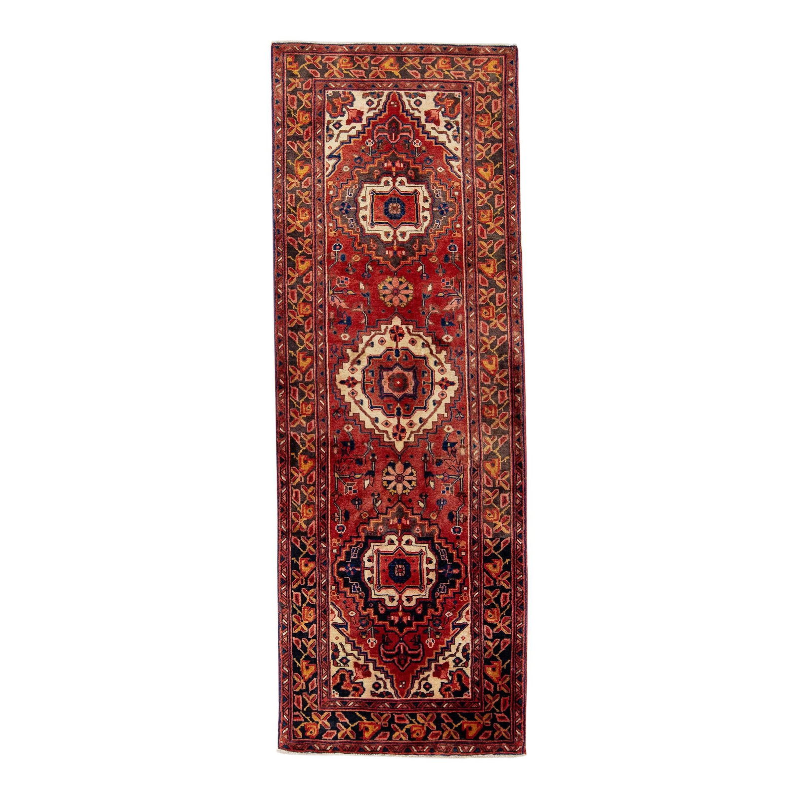 Vintage Persian Heriz Red Wool Runner 2'8" x 7'7" Medallion Design: Vintage Persian Heriz Red Wool Runner 2'8" x 7'7" Medallion Design This exquisite vintage Persian Heriz runner features a vibrant red color field, elegantly framed in brown, complemented by multicolor