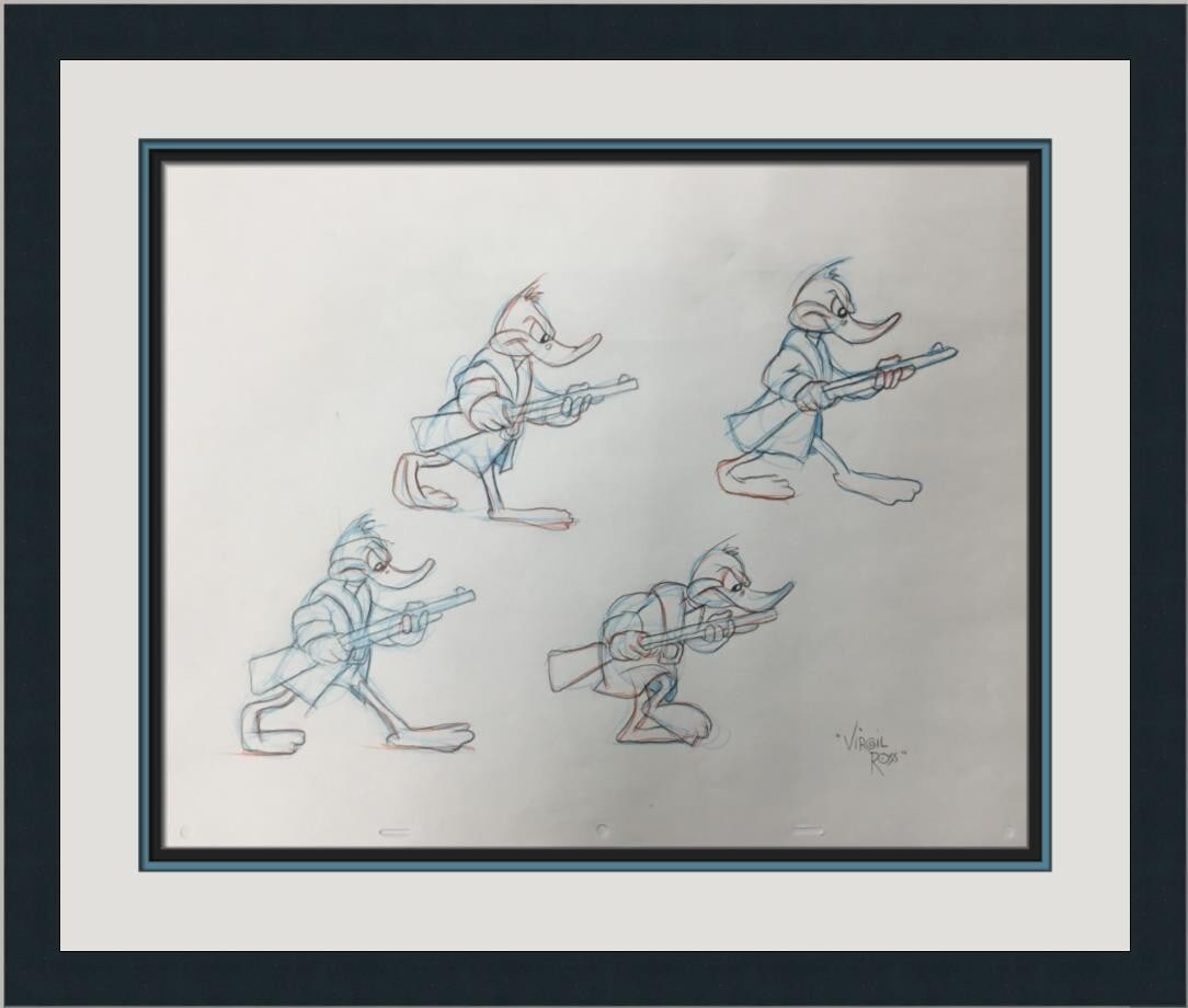 Virgil Ross Signed Daffy Duck Model Sheet Custom Framed 1990s Warner Bros: Virgil Ross Signed Daffy Duck Model Sheet Custom Framed 1990s Warner Bros This original model sheet drawing features Daffy Duck, expertly illustrated by legendary animator Virgil Ross. Created during