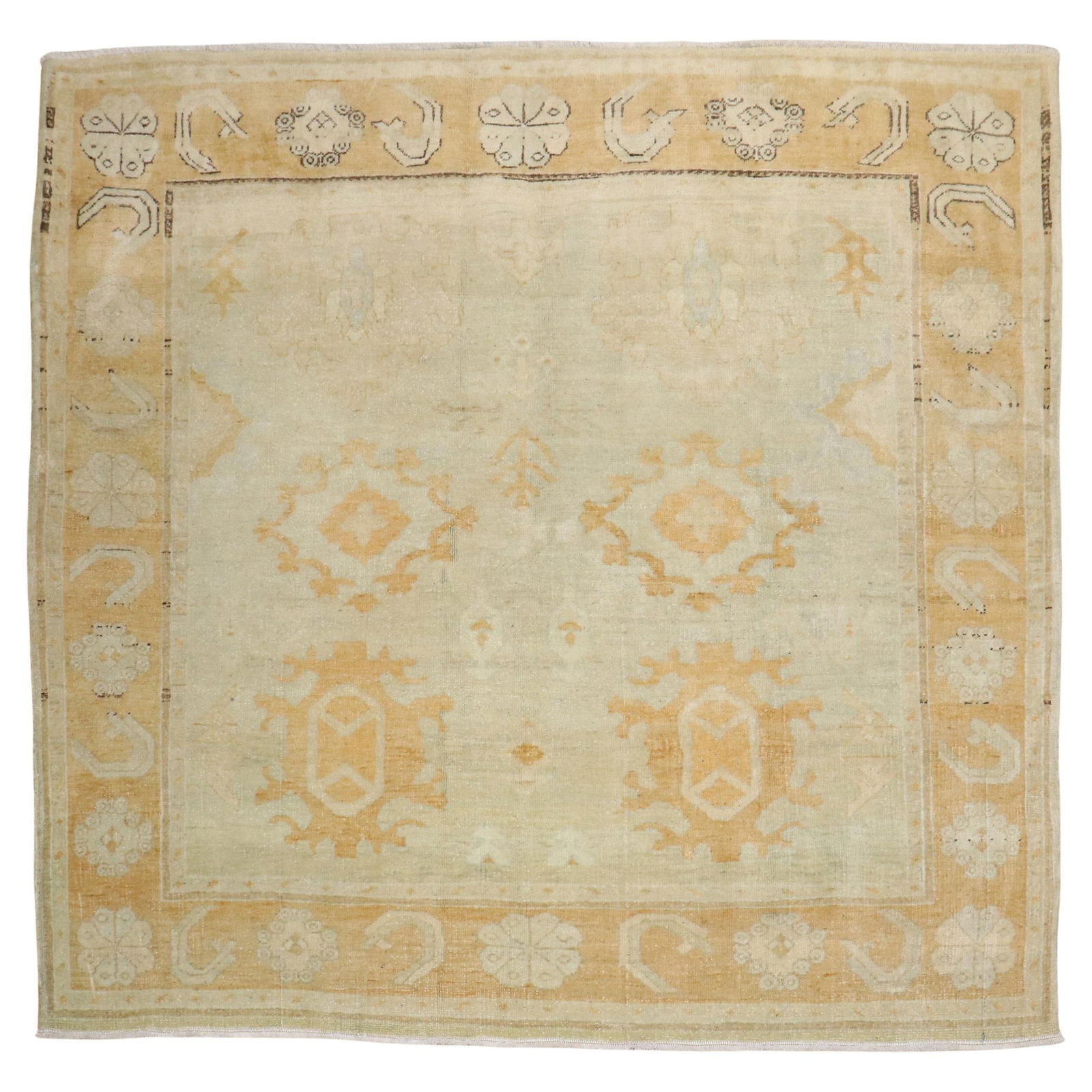 Vintage Turkish Oushak Hand-Knotted Wool Rug 5'5'' x 5'11'' Archaistic Style: Vintage Turkish Oushak Hand-Knotted Wool Rug 5'5'' x 5'11'' Archaistic Style This exquisite square-shaped Turkish Oushak rug showcases the rich heritage of Archaistic style. Hand-knotted from high-qua