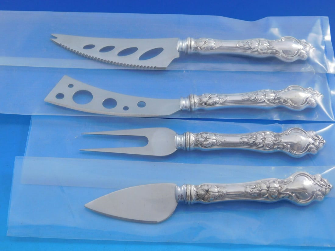 Wallace Violet Sterling Silver 4-Piece Charcuterie Hostess Set: Wallace Violet Sterling Silver 4-Piece Charcuterie Hostess Set Indulge in elegance with this Violet by Wallace Sterling Silver Deluxe Charcuterie Set. Custom made in the exquisite Art Nouveau style, t