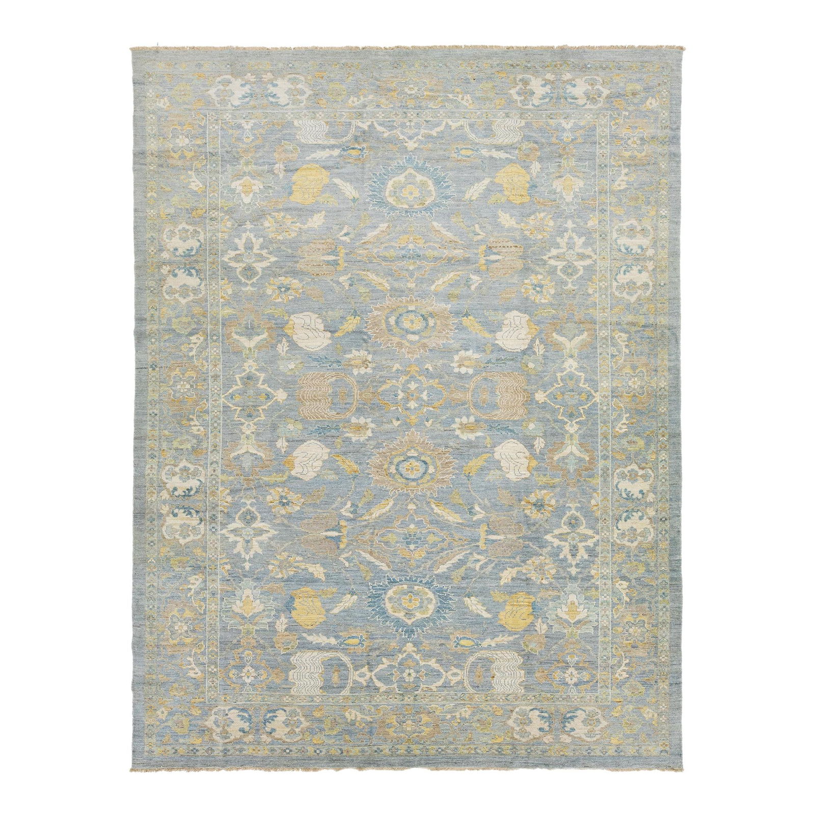 Handmade Blue Wool Sultanabad Rug 10'11 x 14'4: Handmade Blue Wool Sultanabad Rug 10'11 x 14'4 Elevate your space with this exquisite hand-knotted wool rug featuring a soothing light blue background complemented by rich brown and yellow accents in