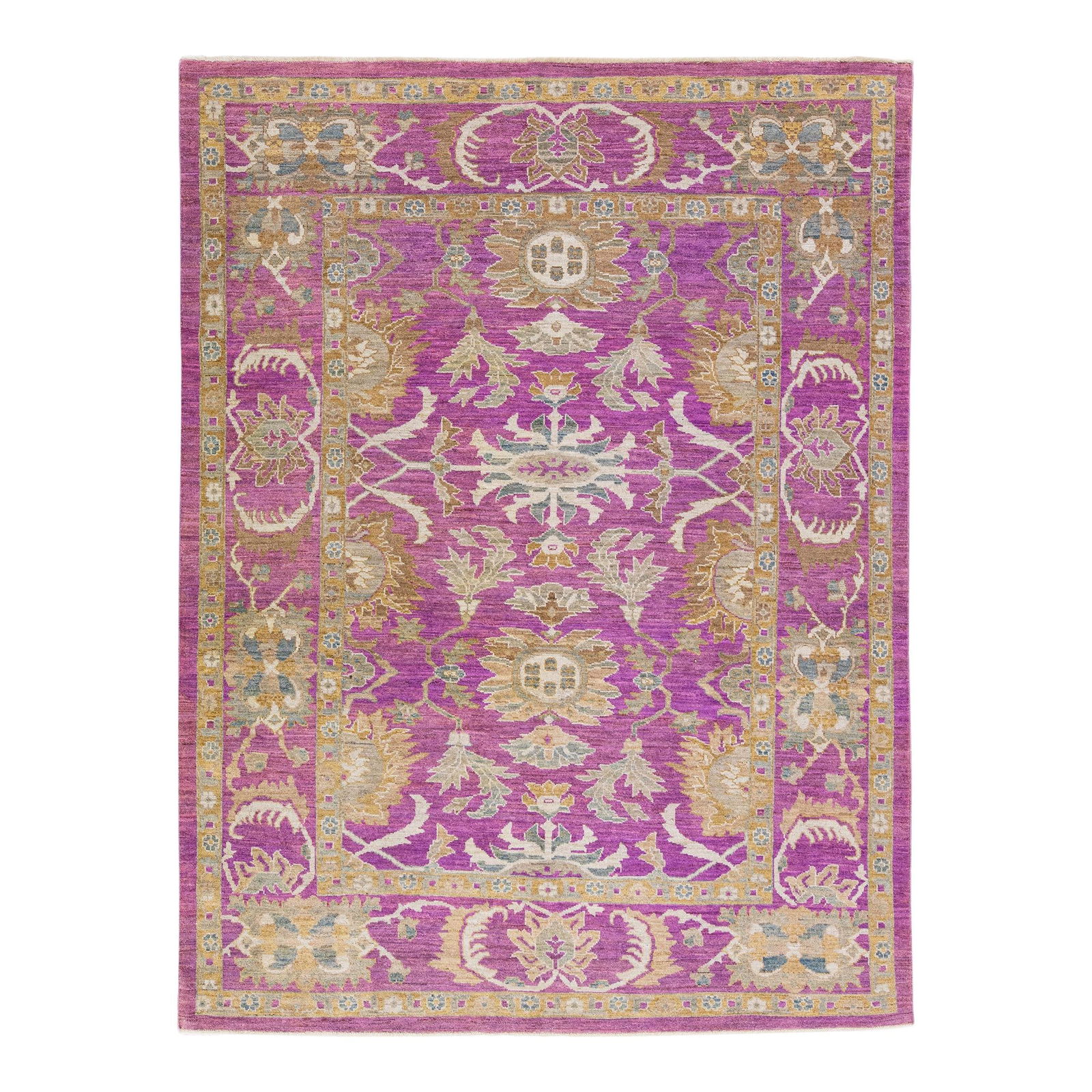 Exquisite Purple Modern Mahal Handmade Wool Rug 8' x 10'6: Exquisite Purple Modern Mahal Handmade Wool Rug 8' x 10'6 Discover the elegance of this beautiful hand-knotted Modern Mahal wool rug, featuring a stunning purple field adorned with ivory and brown acc