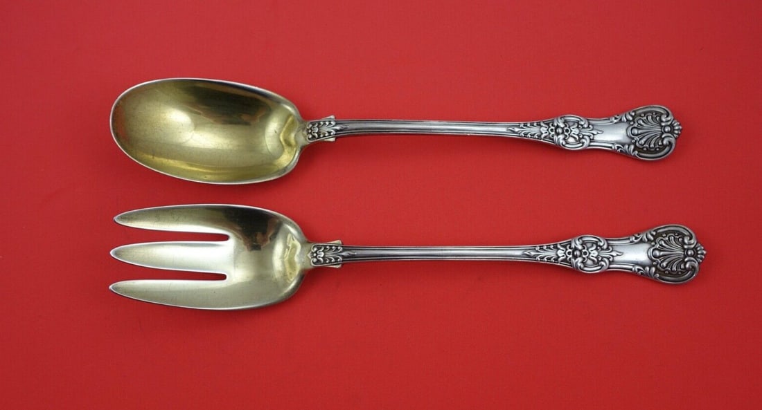 Tiffany & Co English King Sterling Silver Salad Serving Set 10 1/4" Gold Washed: Tiffany & Co English King Sterling Silver Salad Serving Set 10 1/4" Gold Washed This exquisite salad serving set from Tiffany & Co. features the elegant English King pattern, crafted from high-quality