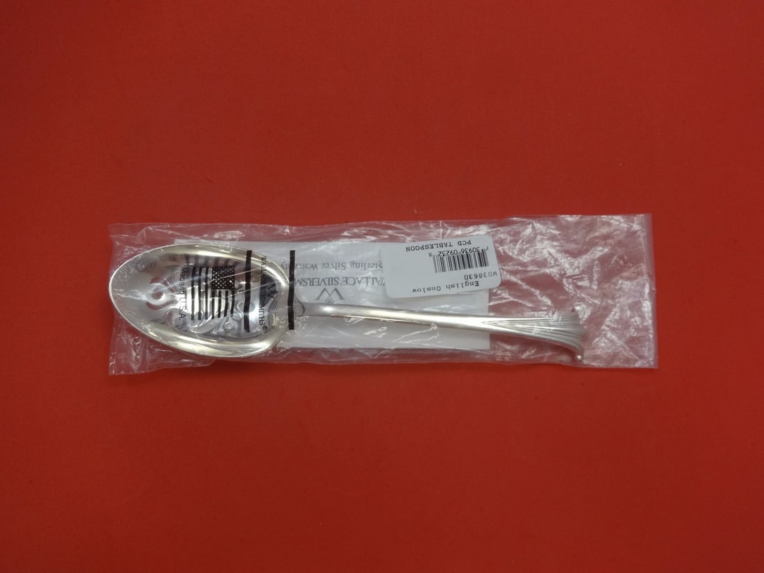 Wallace English Onslow Sterling Silver Slotted Serving Spoon 8 Inch: Wallace English Onslow Sterling Silver Slotted Serving Spoon 8 Inch This exquisite slotted serving spoon features the elegant English Onslow pattern by Wallace, crafted in high-quality sterling silver
