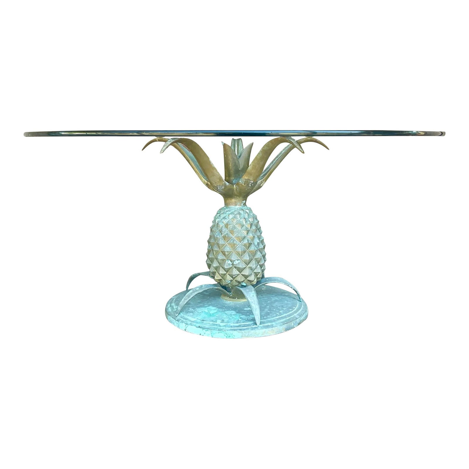 Mid Century Vintage Boho Brass Pineapple Coffee Table with Glass Top: Mid Century Vintage Boho Brass Pineapple Coffee Table with Glass Top Discover this stunning Mid 20th Century Vintage Boho coffee table, featuring a chic brass construction with a beautiful patina that