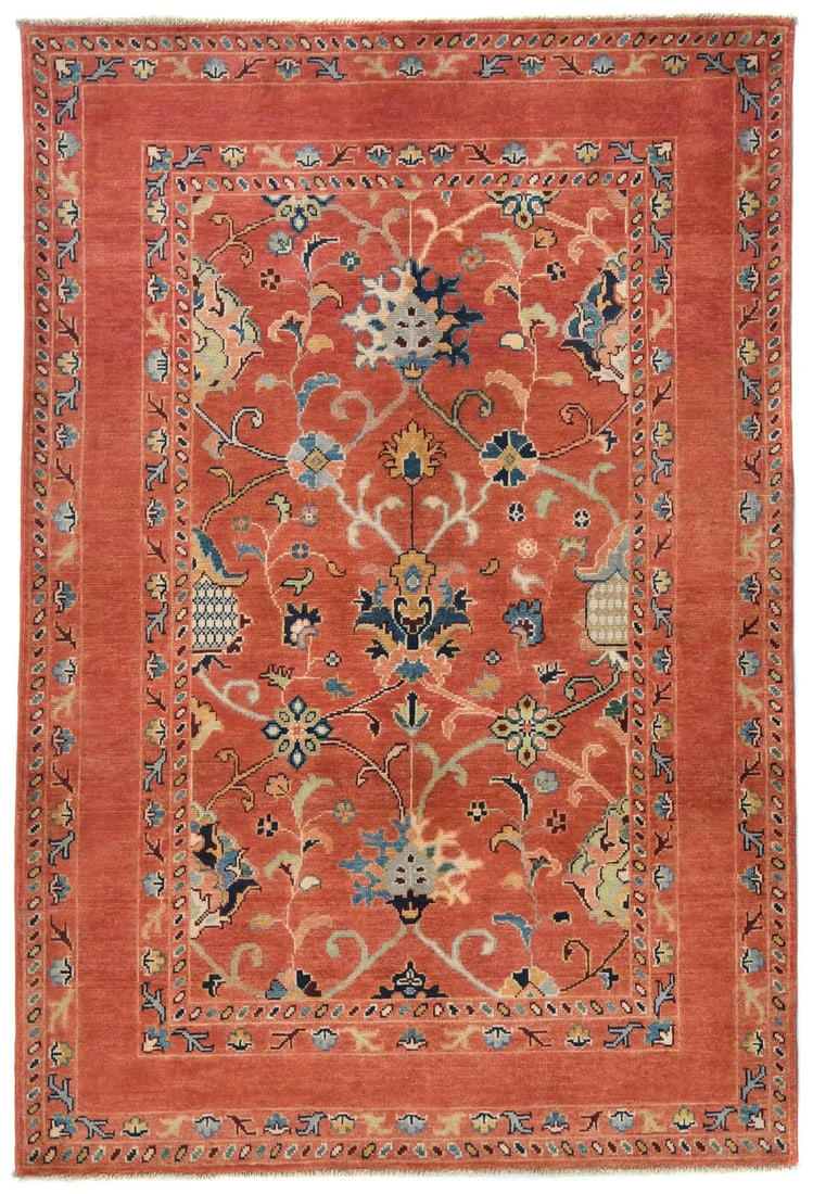 Floral Modern Kazak Oushak Rug 3'11 x 5'9 Hand-Knotted Wool Pakistan: Floral Modern Kazak Oushak Rug 3'11 x 5'9 Hand-Knotted Wool Pakistan Enhance your space with this stunning Floral Modern Kazak Oushak Rug, expertly hand-knotted in Pakistan. Its vibrant color palette