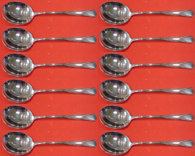 Gorham Greenbrier Sterling Silver Cream Soup Spoon Set 12 Pieces: Gorham Greenbrier Sterling Silver Cream Soup Spoon Set 12 Pieces This exquisite 12-piece cream soup spoon set is crafted from high-quality sterling silver by Gorham, featuring the elegant Greenbrier p