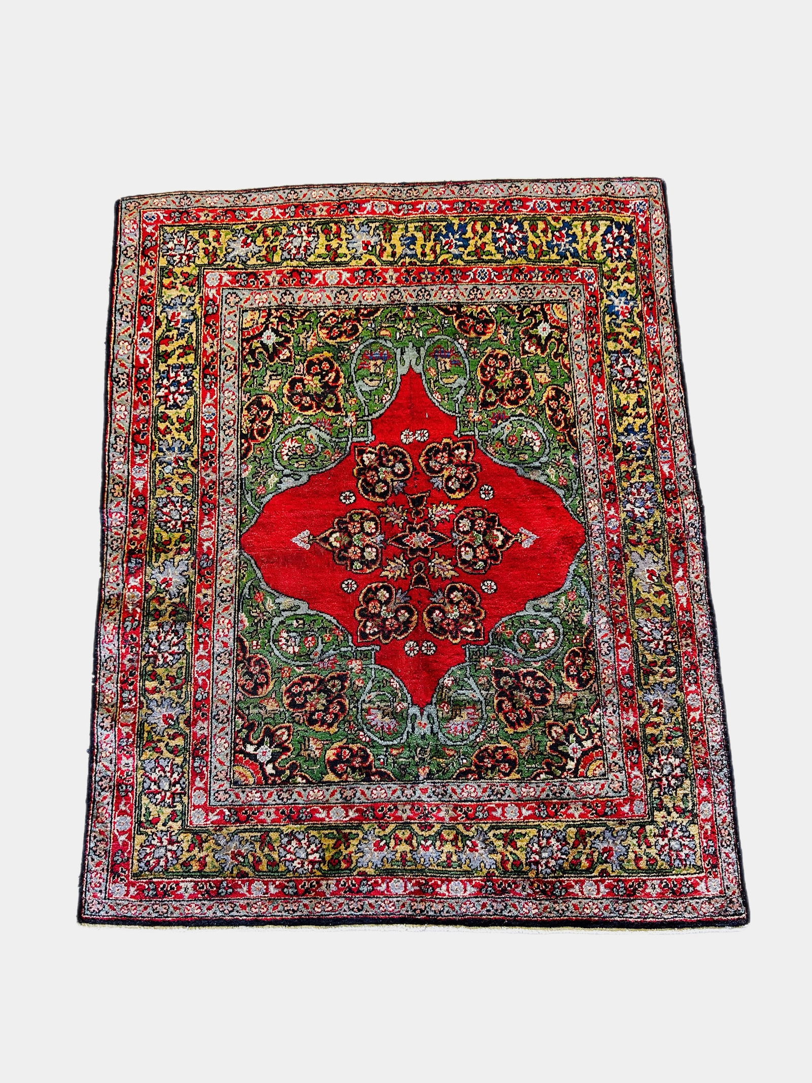 Antique Persian Tabriz Rug 46 x 59 in Red Green Hand Knotted Wool: Antique Persian Tabriz Rug 46 x 59 in Red Green Hand Knotted Wool Free continental US Shipping Experience the timeless elegance of this 3.10 x 4.11 Red Green Antique Persian Tabriz Rug, a true masterp