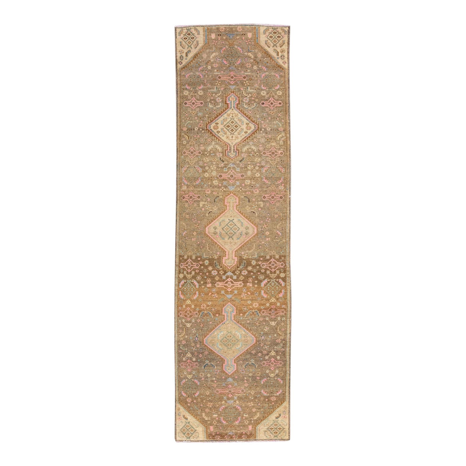Vintage Persian Geometric Brown Wool Runner 2'6 x 9'6: Vintage Persian Geometric Brown Wool Runner 2'6 x 9'6 This exquisite vintage Persian runner showcases a distressed hand-knotted wool construction in a rich brown color field. Its all-over geometric de