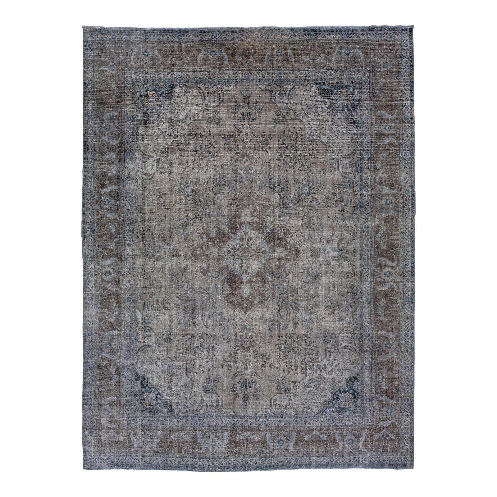 Antique Persian Gray Wool Rug 11'3 x 14'11 Floral Design: Antique Persian Gray Wool Rug 11'3 x 14'11 Floral Design This exquisite antique Persian wool rug features a stunning all-over floral design accented with brown and blue tones. Hand-knotted with care,