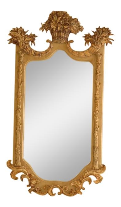 Neoclassical Gold Cornucopia Basket Framed Mirror 38x65: Neoclassical Gold Cornucopia Basket Framed Mirror 38x65 This stunning neoclassical framed mirror features a cornucopia and basket design, showcasing fine details and quality craftsmanship. It is appro