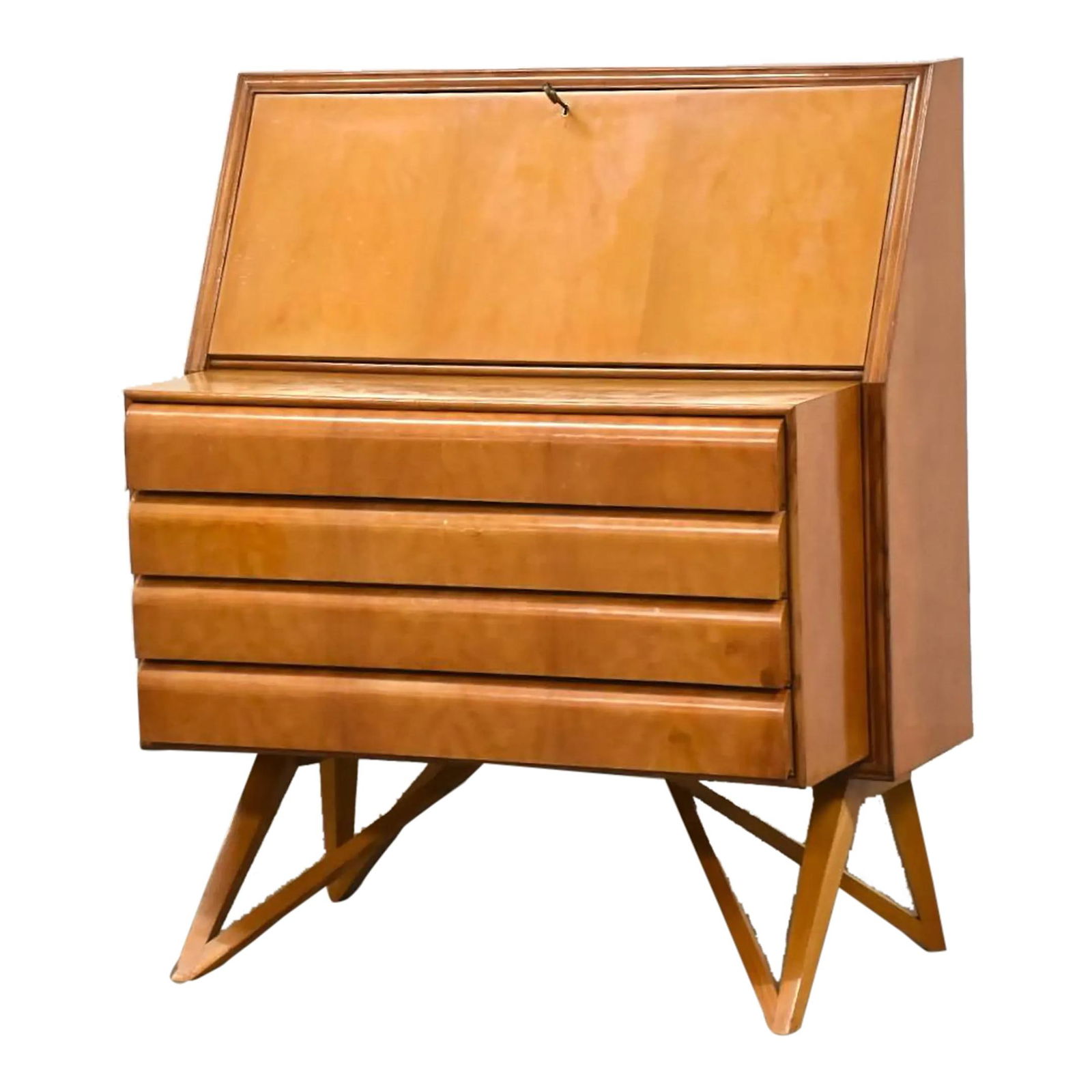 Rare 1960s Italian Mid-Century Birch Secretary Desk with Sculpted Legs: Rare 1960s Italian Mid-Century Birch Secretary Desk with Sculpted Legs Discover a rare mid-century modern birch secretary desk featuring sculpted legs and four functional drawers. This exquisite piece