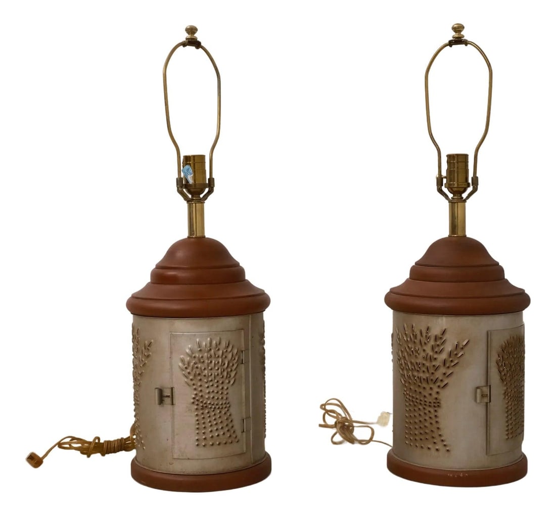 Ethan Allen Pair Country Tin Canister Table Lamps Silver: Ethan Allen Pair Country Tin Canister Table Lamps Silver Enhance your home decor with this elegant pair of Ethan Allen Country Pierced Tin Canister Table Lamps. Crafted with a charming primitive count