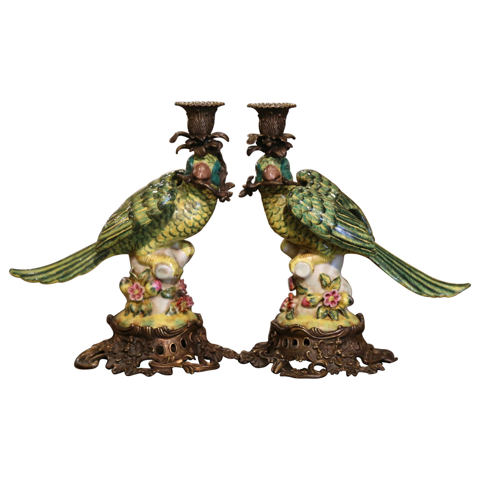 Set of 2 Early 20th Century French Faience Parrot Candle Holders Bronze Base: Set of 2 Early 20th Century French Faience Parrot Candle Holders Bronze Base This exquisite pair of early 20th century French faience parrot candle holders is a stunning addition to any decor. Crafted