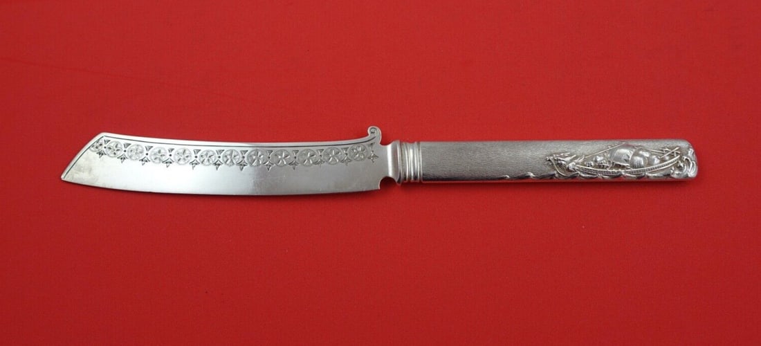 Aesthetic Sterling Silver Tea Knife 8" Chinese Boat Dragon Motif: Aesthetic Sterling Silver Tea Knife 8" Chinese Boat Dragon Motif This exquisite Aesthetic sterling silver tea knife features a hollow handle adorned with a beautifully detailed Chinese boat and a drag