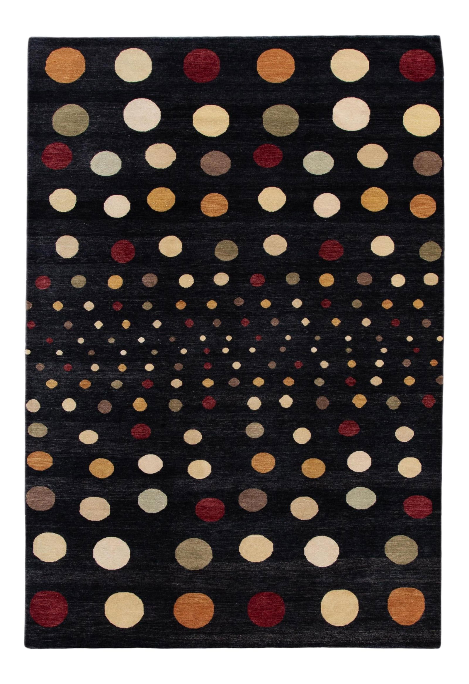 Contemporary Handmade Wool Rug Black Polka Dot Design 6'2 x 9'2: Contemporary Handmade Wool Rug Black Polka Dot Design 6'2 x 9'2 Enhance your space with this exquisite hand-knotted wool rug featuring a contemporary polka dot design. Crafted in the 21st century, thi