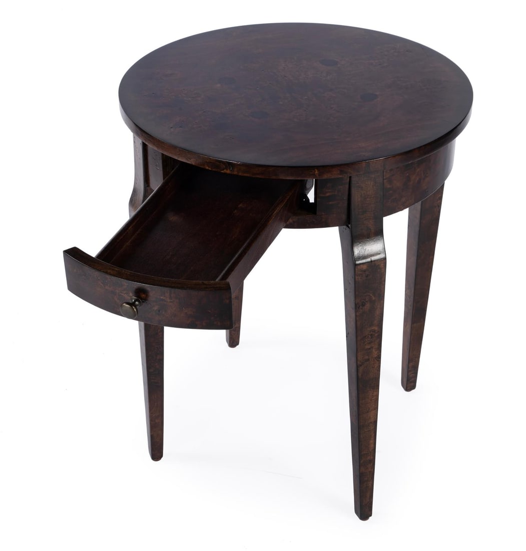 Butler Archer Round Side Table Dark Burl Brown Transitional Style: Butler Archer Round Side Table Dark Burl Brown Transitional Style The Butler's Archer Side Table combines style and functionality with its elegant transitional design. This round side table is crafted